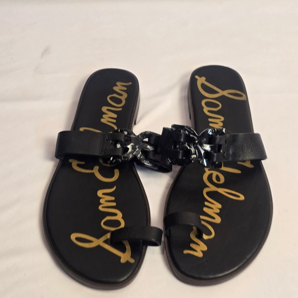 Sam‎ Edelman Black Leather Toe Loop Slide Sandals Marbled Chain Link Size 9